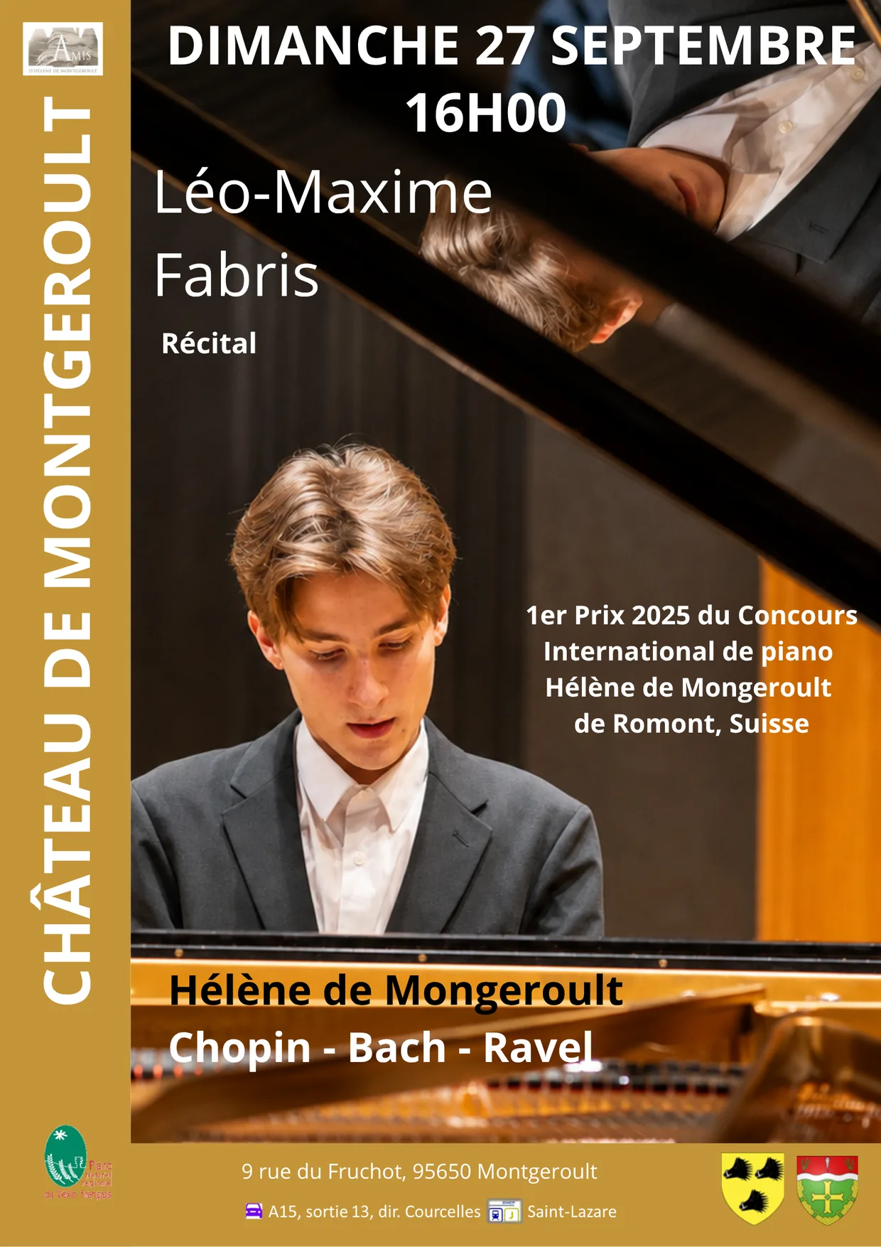 Affiche du récital de piano de Léo-Maxime Fabris le dimanche 27 septembre 2026 à 16h au Château de Montgeroult